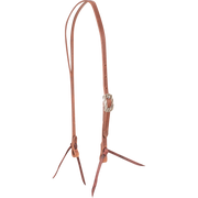 Natural harness leather split ear headstall with a Bandera buckle, seen from the front quarter. The engraved buckle sits on the cheek of the 5/8-inch strap, which ends in latigo bit ties.