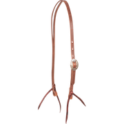 Natural harness leather split ear headstall with a Canyon buckle, seen from the front quarter. An engraved oval buckle adjusts the cheek of the 5/8-inch strap, and latigo ties hold the bit.