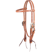 Harness leather browband headstall with Salinas buckles, seen from the front quarter. The stitched 5/8-inch western headstall ends in dark latigo bit ties.