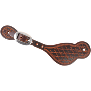 Tombstone spur strap with Twisted Wire tooling and a weathered antique finish, seen from above. The tooled pattern covers the wide end of the strap, which fastens with a cart buckle.