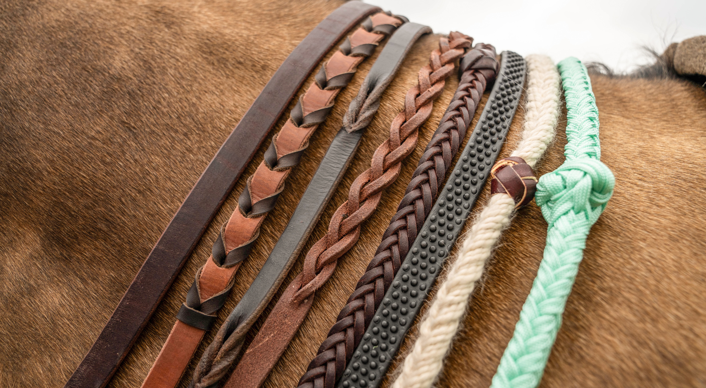 Row of Martin Saddlery barrel racing reins side by side, from left to right: smooth latigo, arrow-laced, laced harness, 3-plait braided, wider braided harness, dotted-texture BioThane, and braided nylon reins in cream and mint.