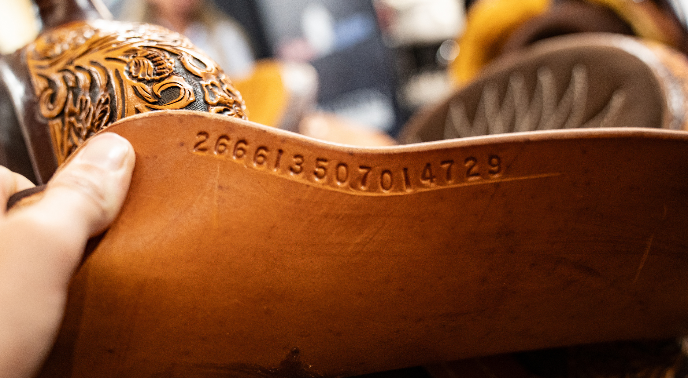Martin Saddlery serial number lookup example — stamped code 266613507014729 on a BTR barrel saddle decodes to a 2026 model with a 13.5-inch seat and 7-inch gullet, showing how to identify a Martin saddle by its serial number.