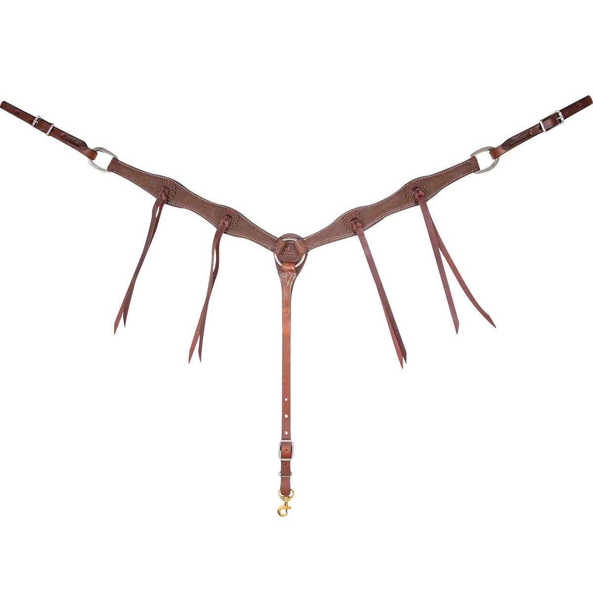 Chocolate roughout breastcollar seen from the front in full. The 1.5-inch scalloped shoulder straps hold rosettes with latigo strings and meet at a center ring, with buckles at each side and a tie-down strap ending in a snap.