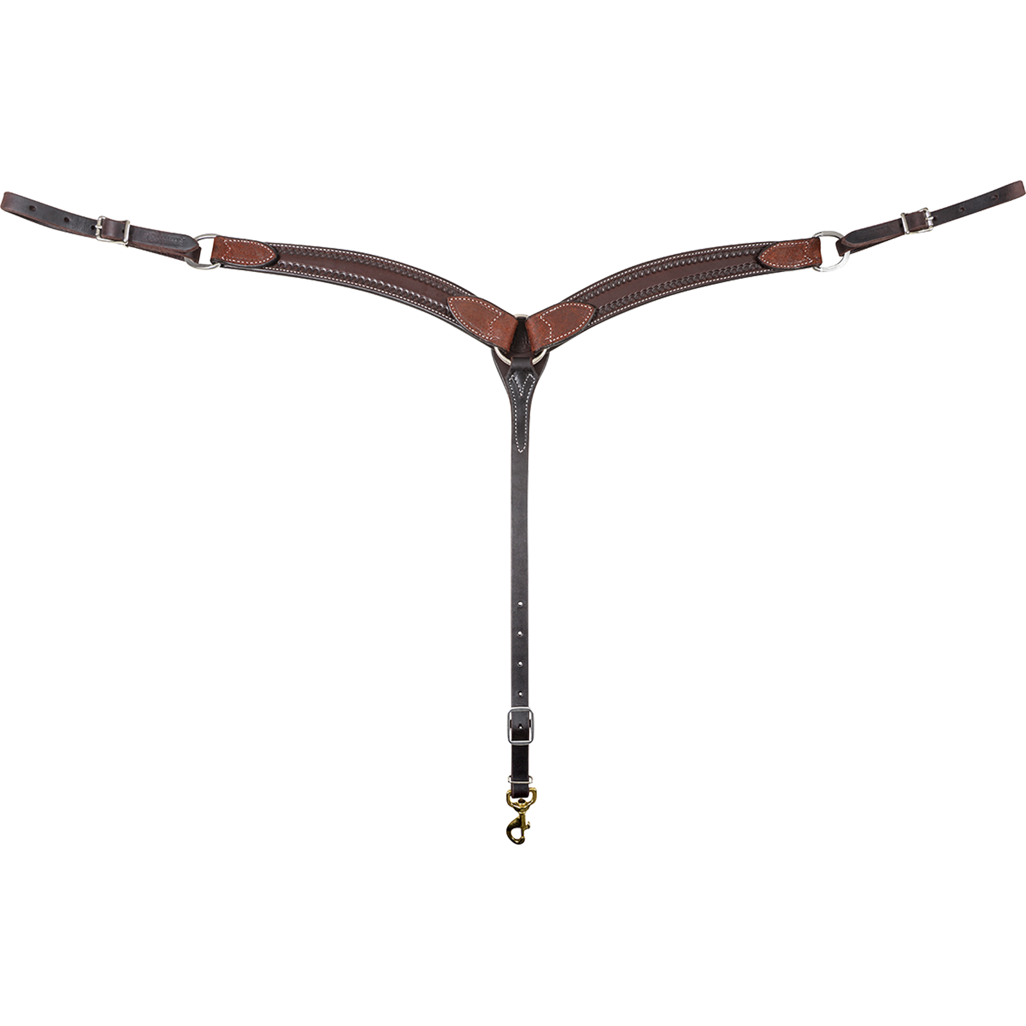 Chestnut colt breastcollar seen from the front in full. The 1.75-inch contoured shoulder straps have stitched leather tabs at each end and meet at a center ring, with a tie-down strap ending in a snap.