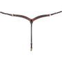 Chestnut colt breastcollar seen from the front in full. The 1.75-inch contoured shoulder straps have stitched leather tabs at each end and meet at a center ring, with a tie-down strap ending in a snap.