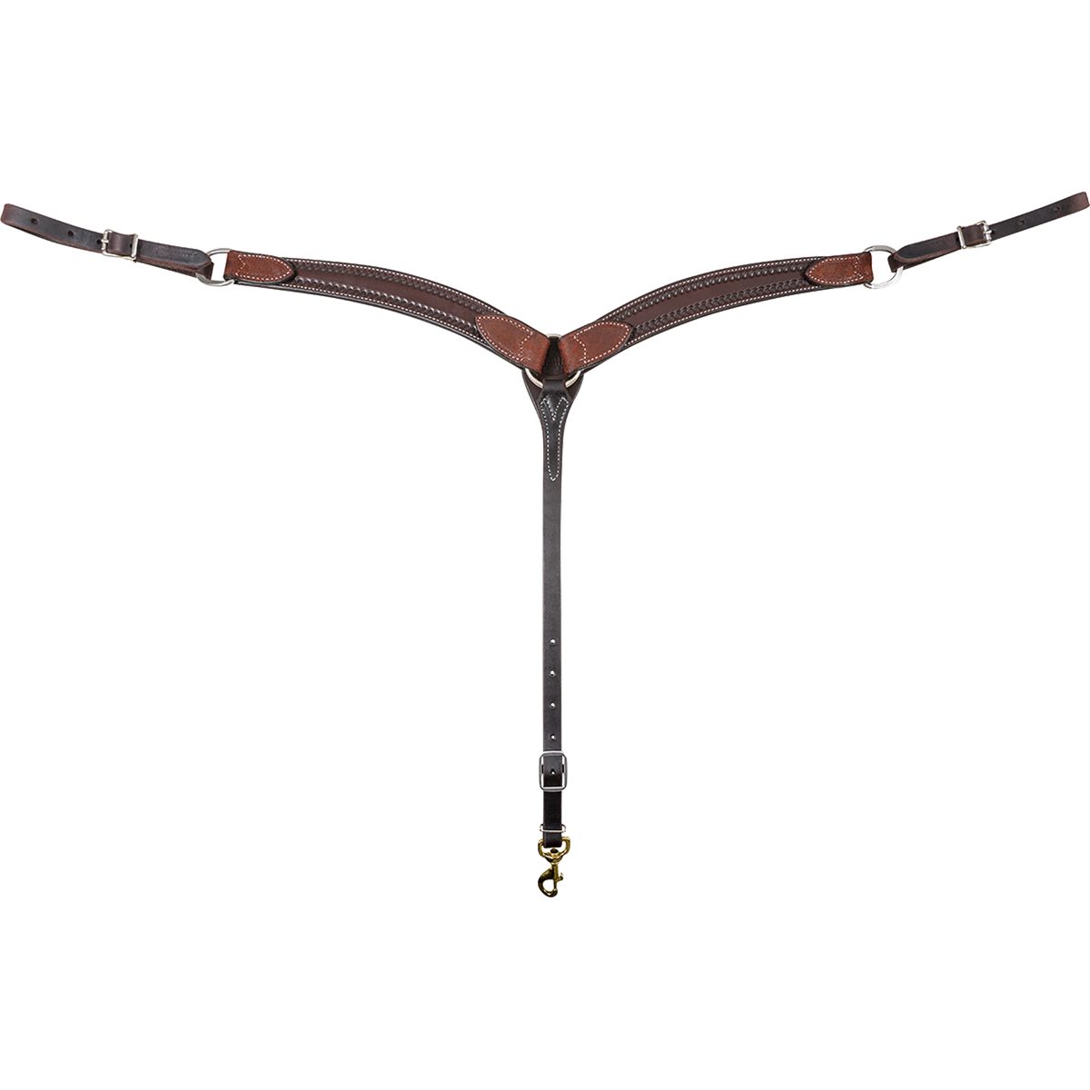 Chestnut colt breastcollar seen from the front in full. The 1.75-inch contoured shoulder straps have stitched leather tabs at each end and meet at a center ring, with a tie-down strap ending in a snap.