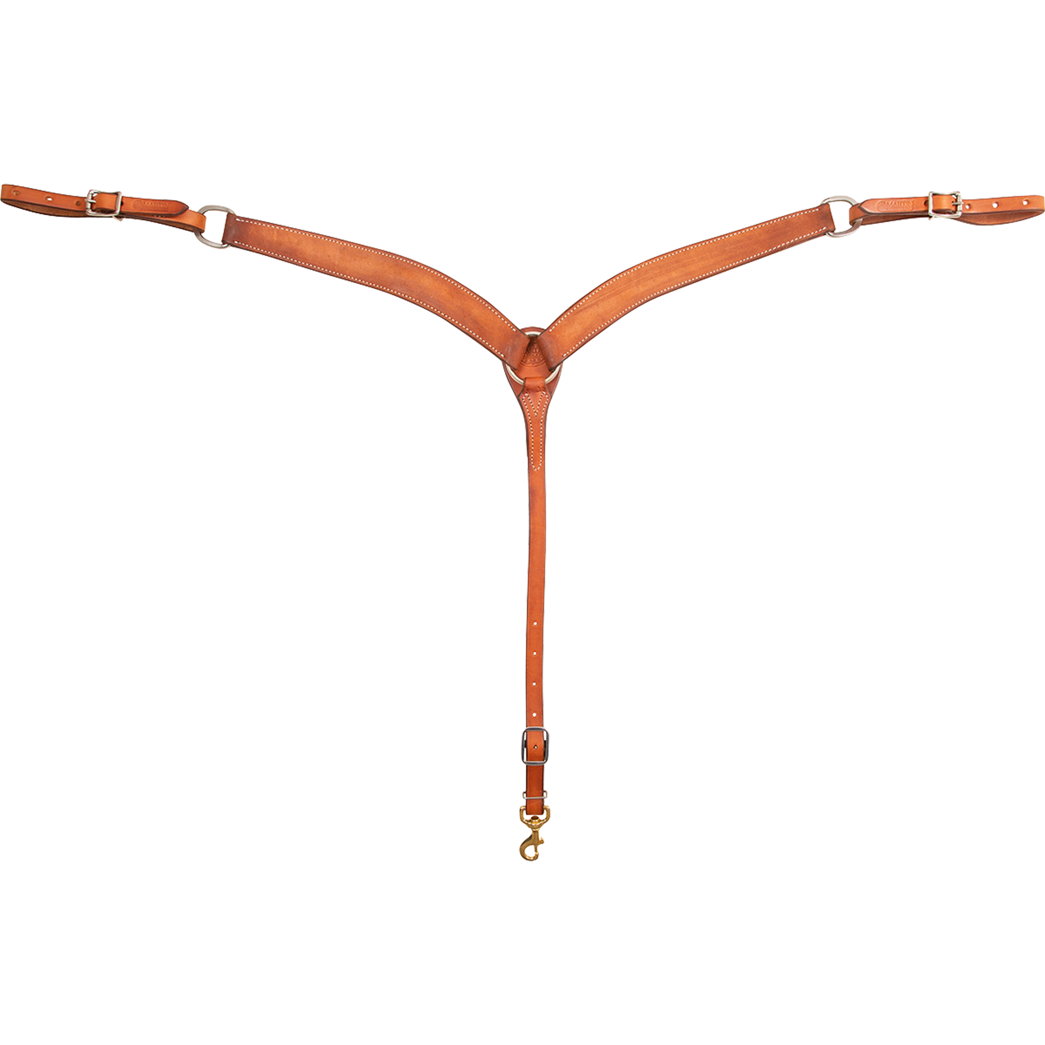 Chestnut roughout breastcollar seen from the front in full. The 1.75-inch contoured shoulder straps with stitched edges meet at a center ring, and buckles at each side adjust the fit of this western breastcollar above a tie-down strap with a snap.