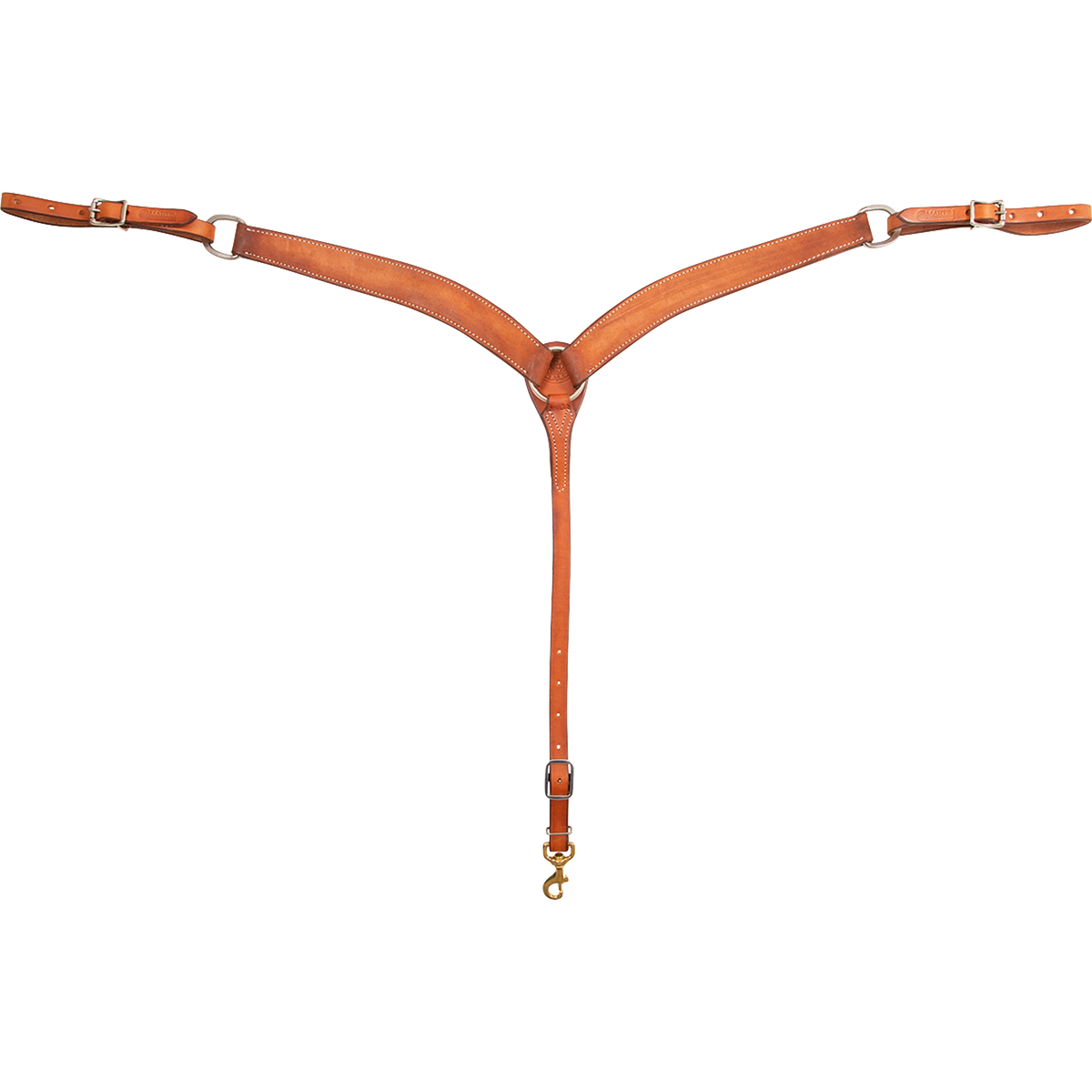 Chestnut roughout breastcollar seen from the front in full. The 1.75-inch contoured shoulder straps with stitched edges meet at a center ring, and buckles at each side adjust the fit of this western breastcollar above a tie-down strap with a snap.