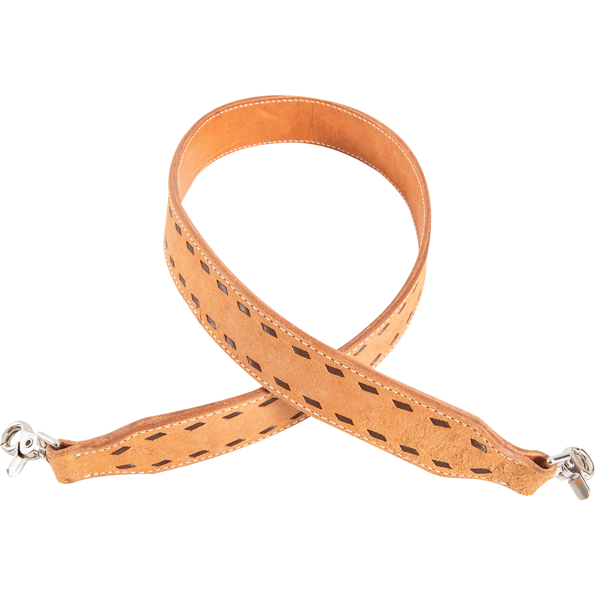 Natural roughout rope can strap, looped and seen from above. Chocolate buckstitching and white stitching edge the 1-3/4-inch strap, which has a swivel snap at each end.