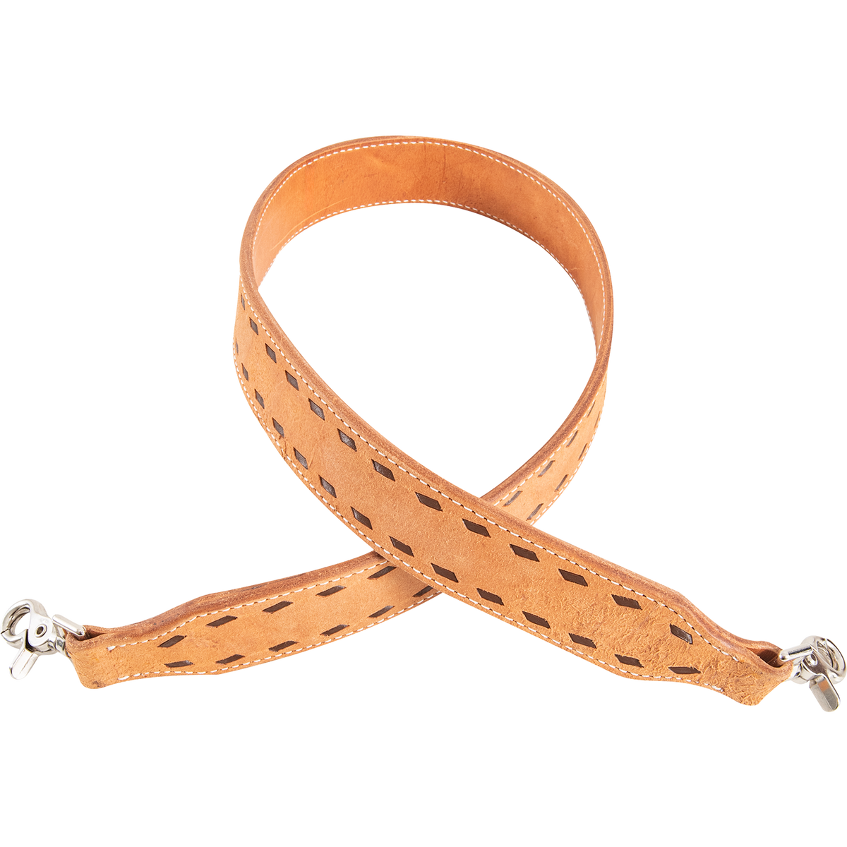 Natural roughout rope can strap, looped and seen from above. Chocolate buckstitching and white stitching edge the 1-3/4-inch strap, which has a swivel snap at each end.