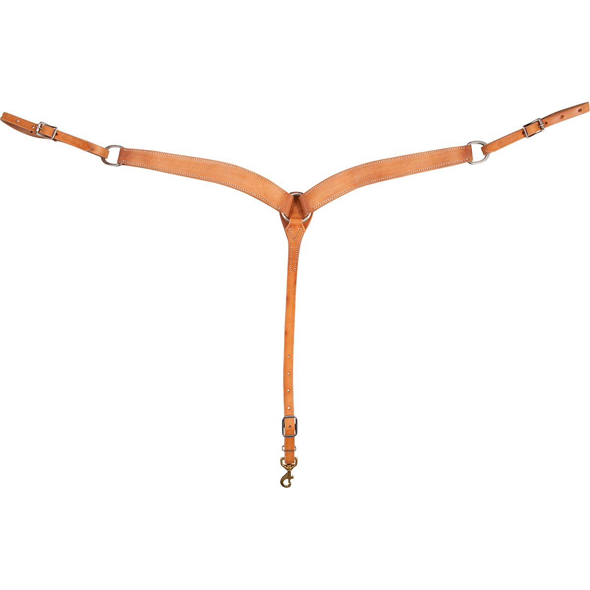 Natural roughout breastcollar seen from the front in full. The 1.75-inch contoured shoulder straps with stitched edges meet at a center ring, with buckles at each side and a tie-down strap ending in a snap on this western breastcollar.