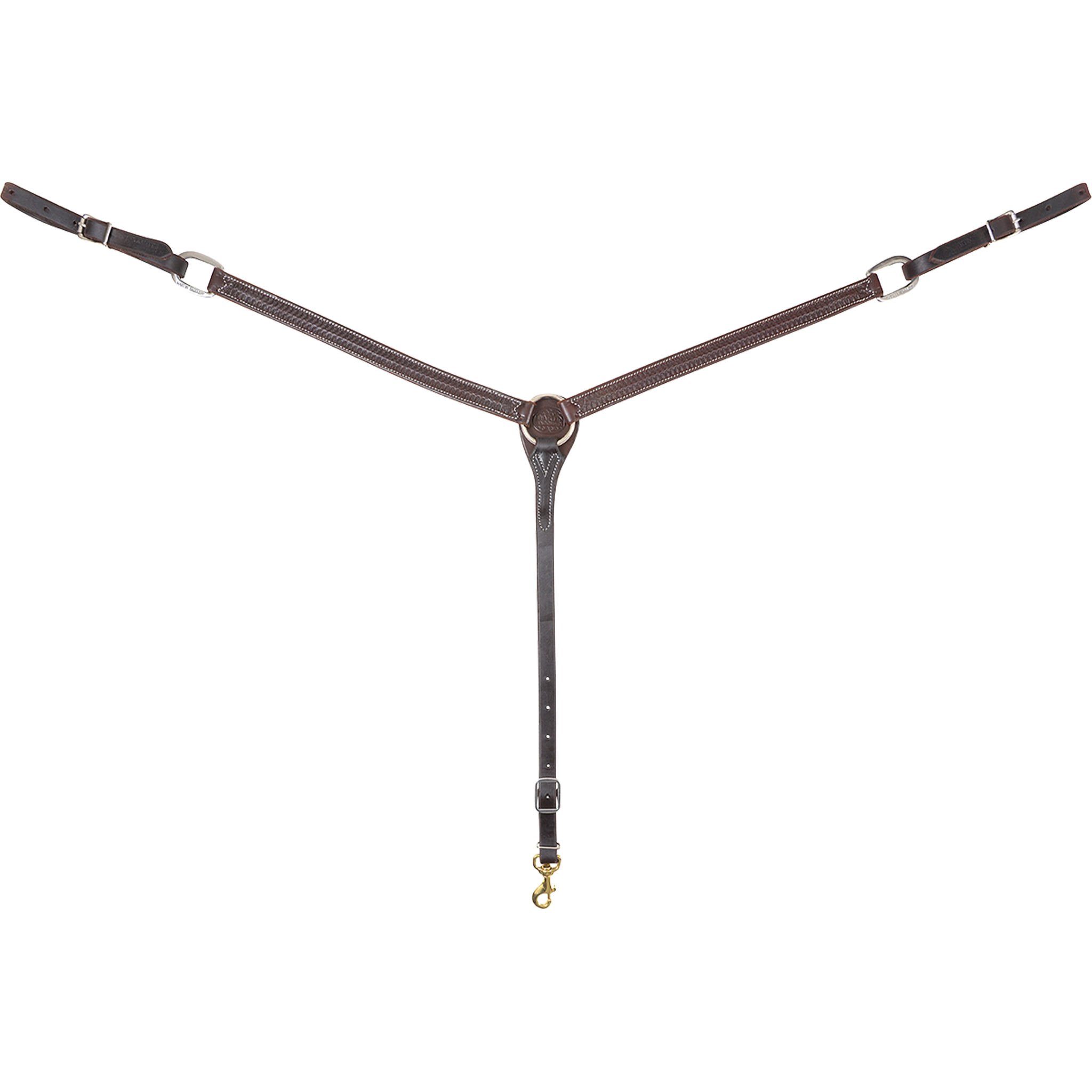 Chestnut colt breastcollar seen from the front in full. The 1-inch stitched shoulder straps meet at a center ring, with buckles at each side and a tie-down strap ending in a snap, sized for colts and smaller horses.