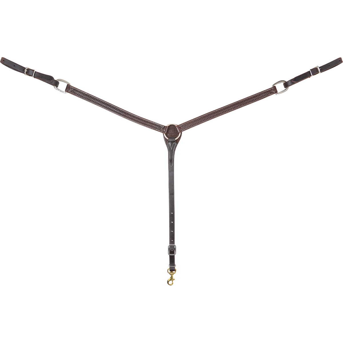 Chestnut colt breastcollar seen from the front in full. The 1-inch stitched shoulder straps meet at a center ring, with buckles at each side and a tie-down strap ending in a snap, sized for colts and smaller horses.