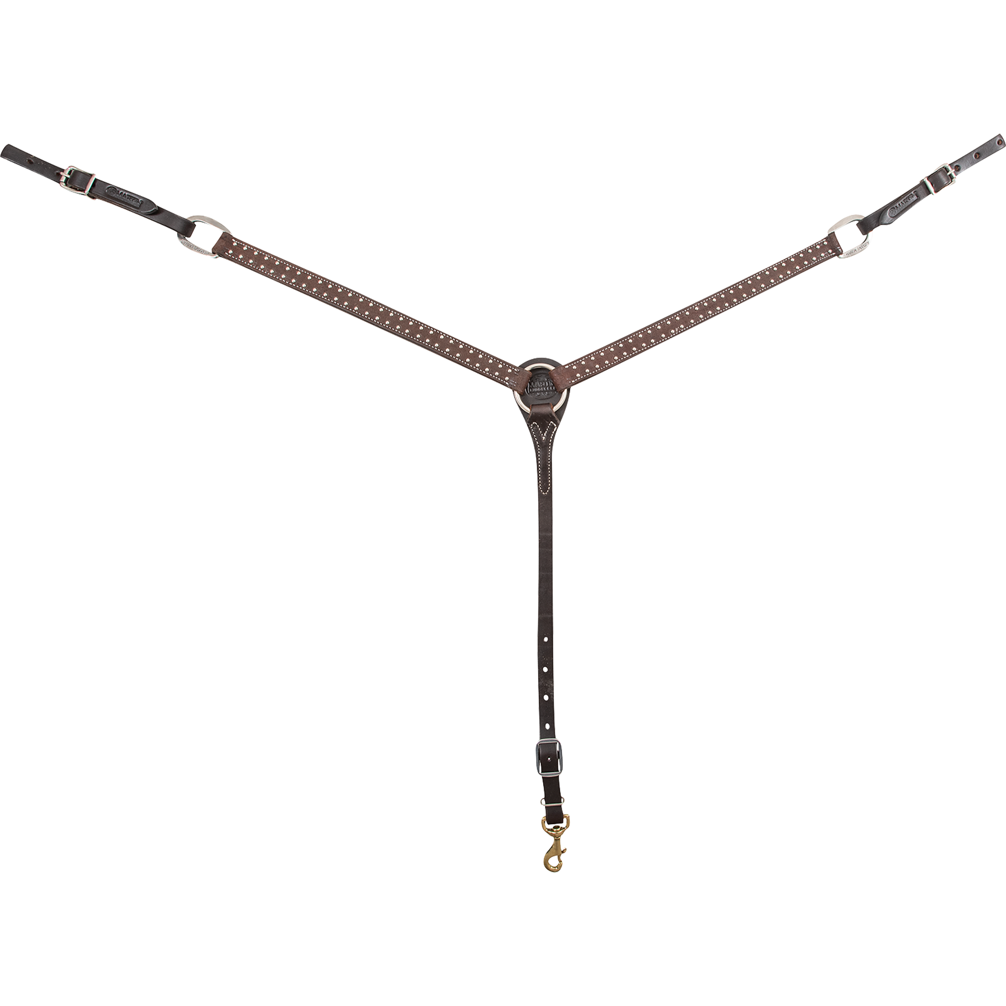 1-inch roughout breastcollar with silver dots, seen from the front in full. Chocolate roughout shoulder straps with rows of silver dots meet at a center ring, with buckles at both sides and a snap on the tie-down strap.
