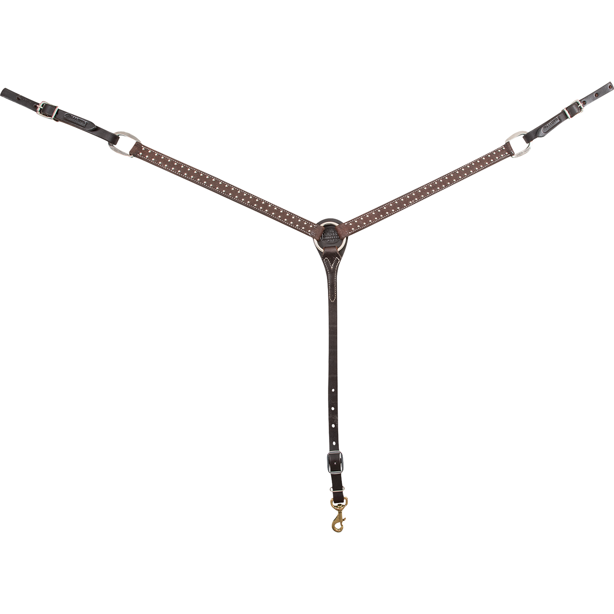 1-inch roughout breastcollar with silver dots, seen from the front in full. Chocolate roughout shoulder straps with rows of silver dots meet at a center ring, with buckles at both sides and a snap on the tie-down strap.