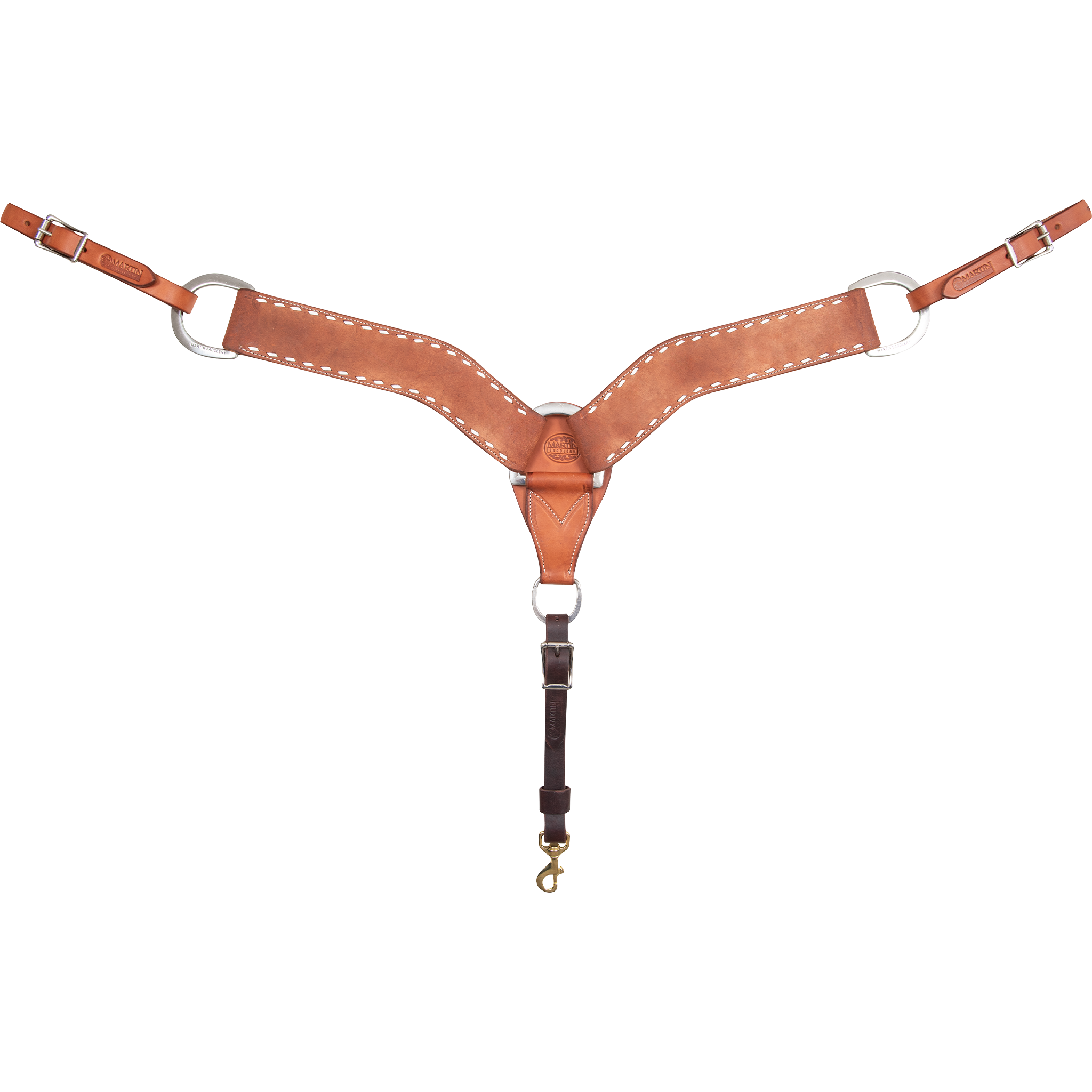 Chestnut roughout breastcollar with buckstitch, seen from the front in full. White buckstitch lines the edges of the 2.75-inch shoulder straps, which meet at a center ring above a tie-down strap with a snap.