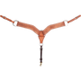 Chestnut roughout breastcollar with buckstitch, seen from the front in full. White buckstitch lines the edges of the 2.75-inch shoulder straps, which meet at a center ring above a tie-down strap with a snap.