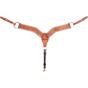 Chestnut roughout breastcollar with buckstitch, seen from the front in full. White buckstitch lines the edges of the 2.75-inch shoulder straps, which meet at a center ring above a tie-down strap with a snap.