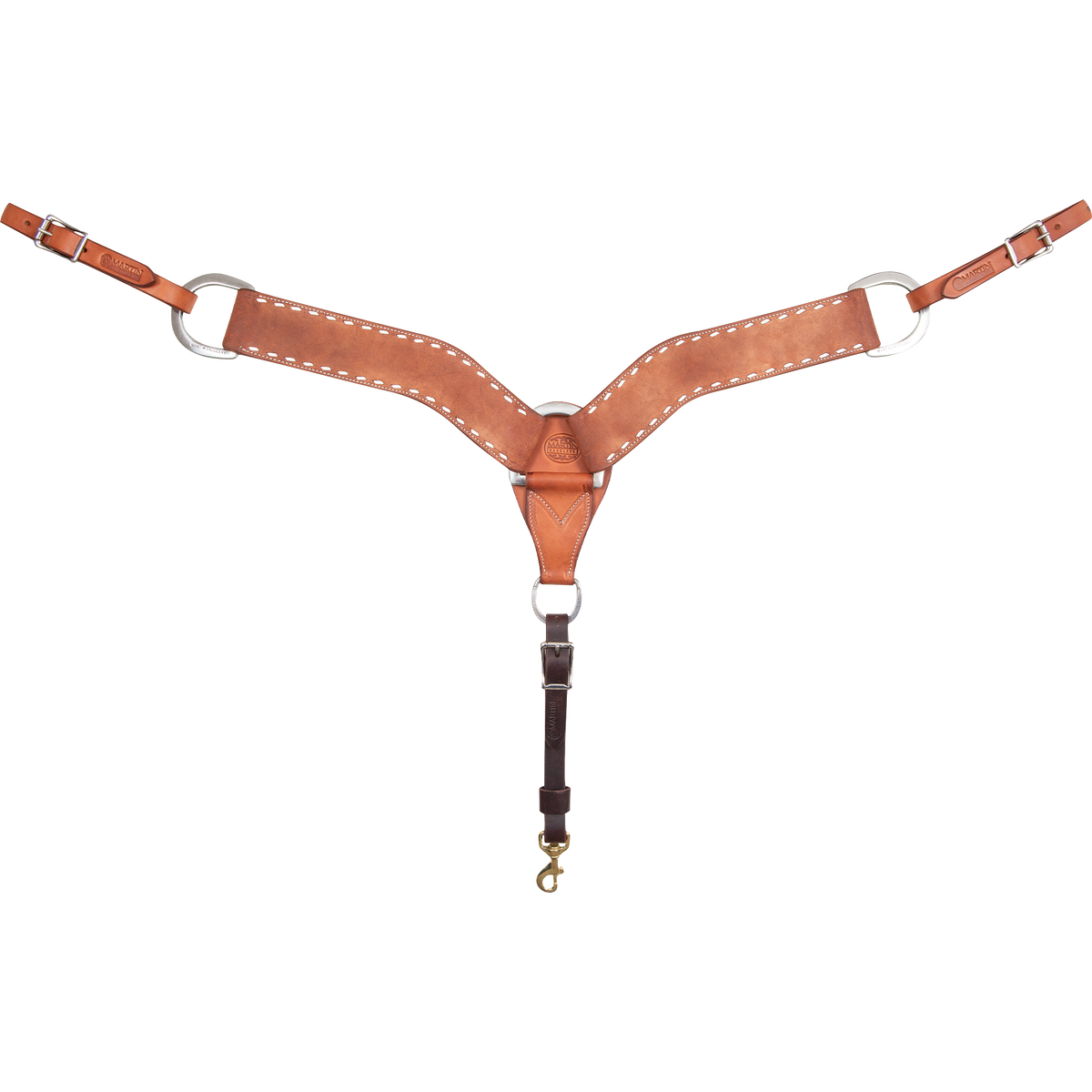 Chestnut roughout breastcollar with buckstitch, seen from the front in full. White buckstitch lines the edges of the 2.75-inch shoulder straps, which meet at a center ring above a tie-down strap with a snap.