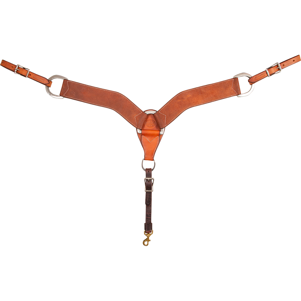 Chestnut roughout breastcollar seen from the front in full. The 2.75-inch shoulder straps with stitched edges meet at a center ring on this western breastcollar, with buckles at each side and a tie-down strap ending in a snap.