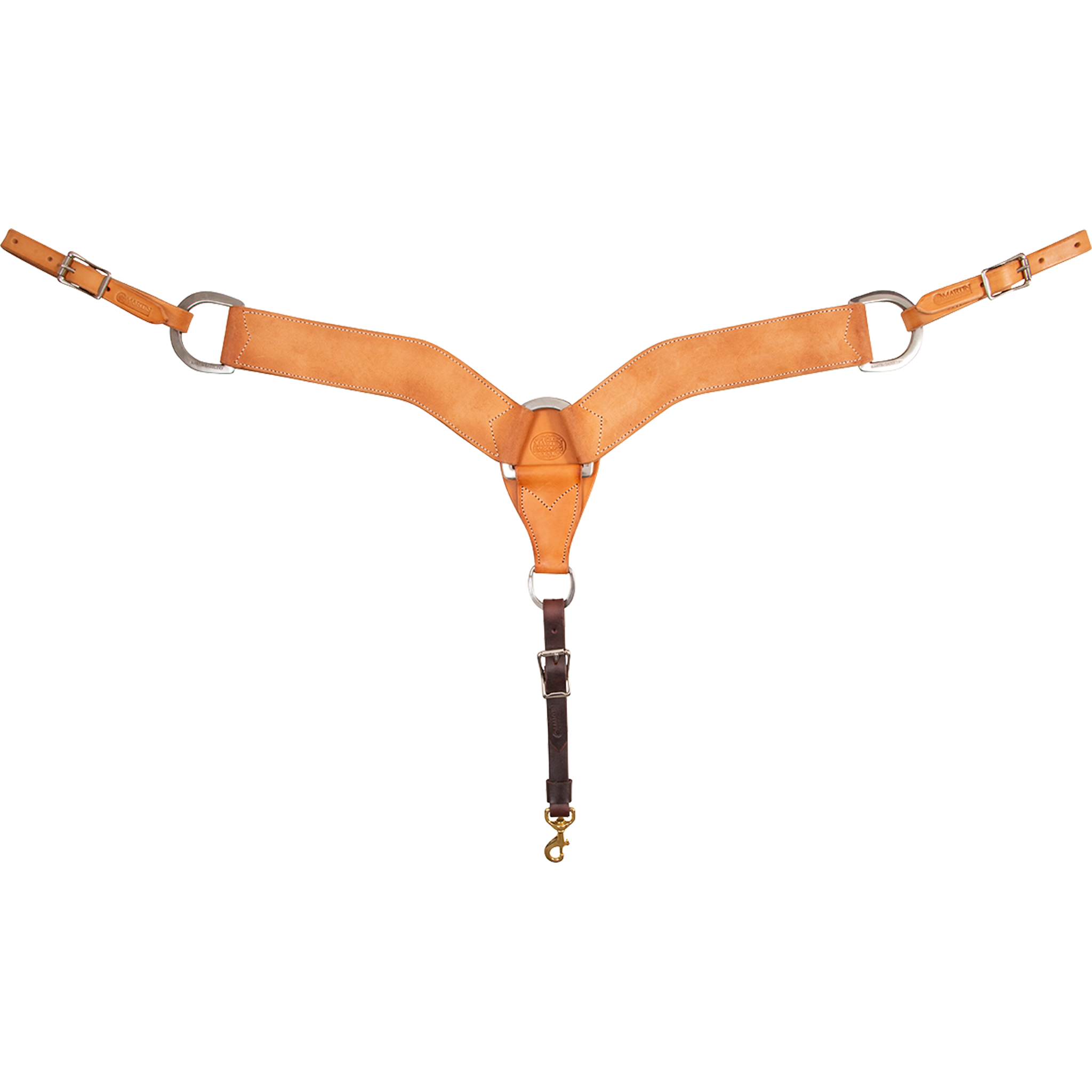Natural roughout breastcollar seen from the front in full. The 2.75-inch shoulder straps with stitched edges meet at a center ring, with buckles at each side and a tie-down strap ending in a snap on this western breastcollar.
