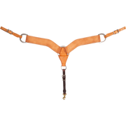Natural roughout breastcollar seen from the front in full. The 2.75-inch shoulder straps with stitched edges meet at a center ring, with buckles at each side and a tie-down strap ending in a snap on this western breastcollar.