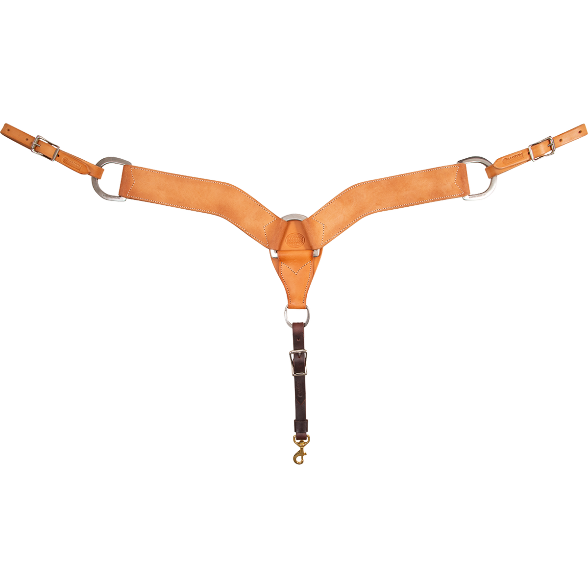 Natural roughout breastcollar seen from the front in full. The 2.75-inch shoulder straps with stitched edges meet at a center ring, with buckles at each side and a tie-down strap ending in a snap on this western breastcollar.