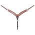 Harness latigo breastcollar seen from the front in full. The 2.75-inch natural harness leather shoulder straps have dark latigo edges and stitched tabs, meeting at a center ring above a tie-down strap ending in a snap.