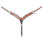 Harness latigo breastcollar seen from the front in full. The 2.75-inch natural harness leather shoulder straps have dark latigo edges and stitched tabs, meeting at a center ring above a tie-down strap ending in a snap.
