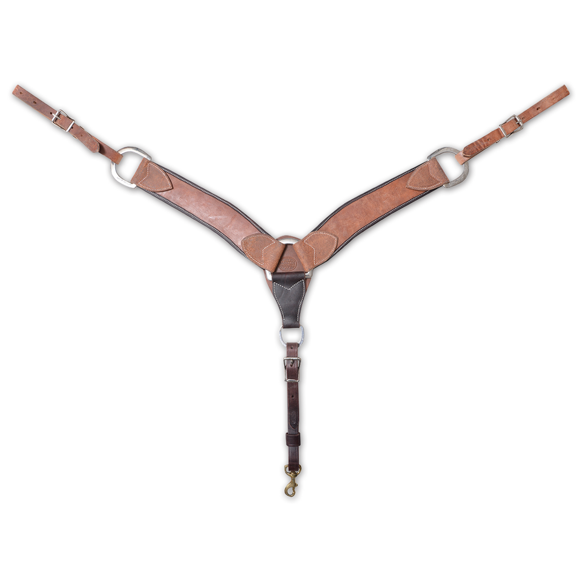 Harness latigo breastcollar seen from the front in full. The 2.75-inch natural harness leather shoulder straps have dark latigo edges and stitched tabs, meeting at a center ring above a tie-down strap ending in a snap.
