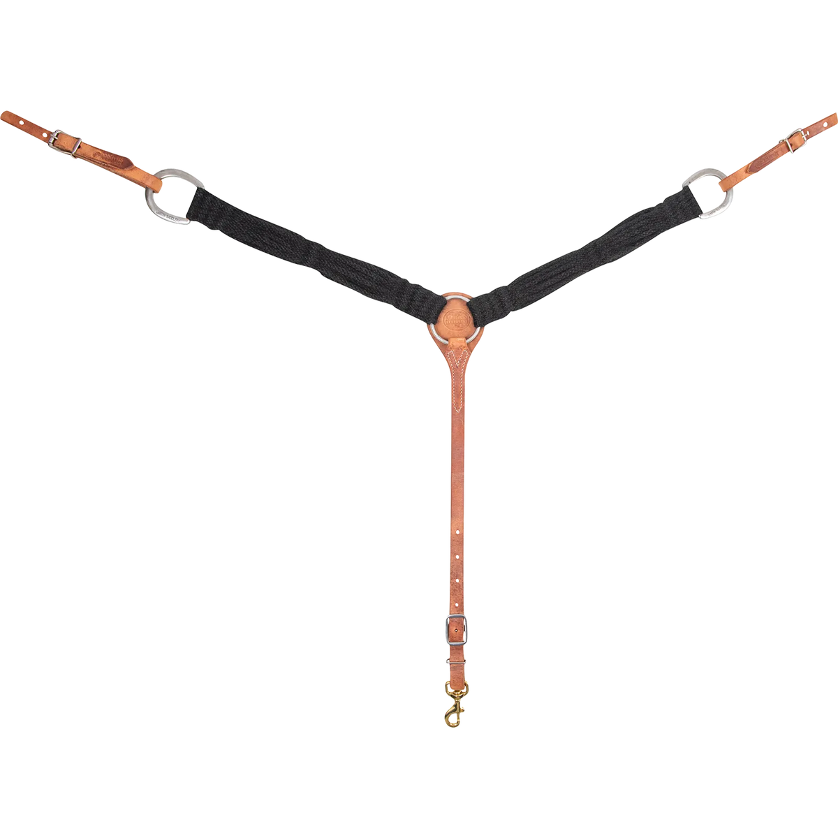 Black mohair breastcollar seen from the front in full. Black mohair strands form the 2-inch shoulder straps, which join tan leather at a center ring, with buckled tug straps at each side and a tie-down strap ending in a snap.