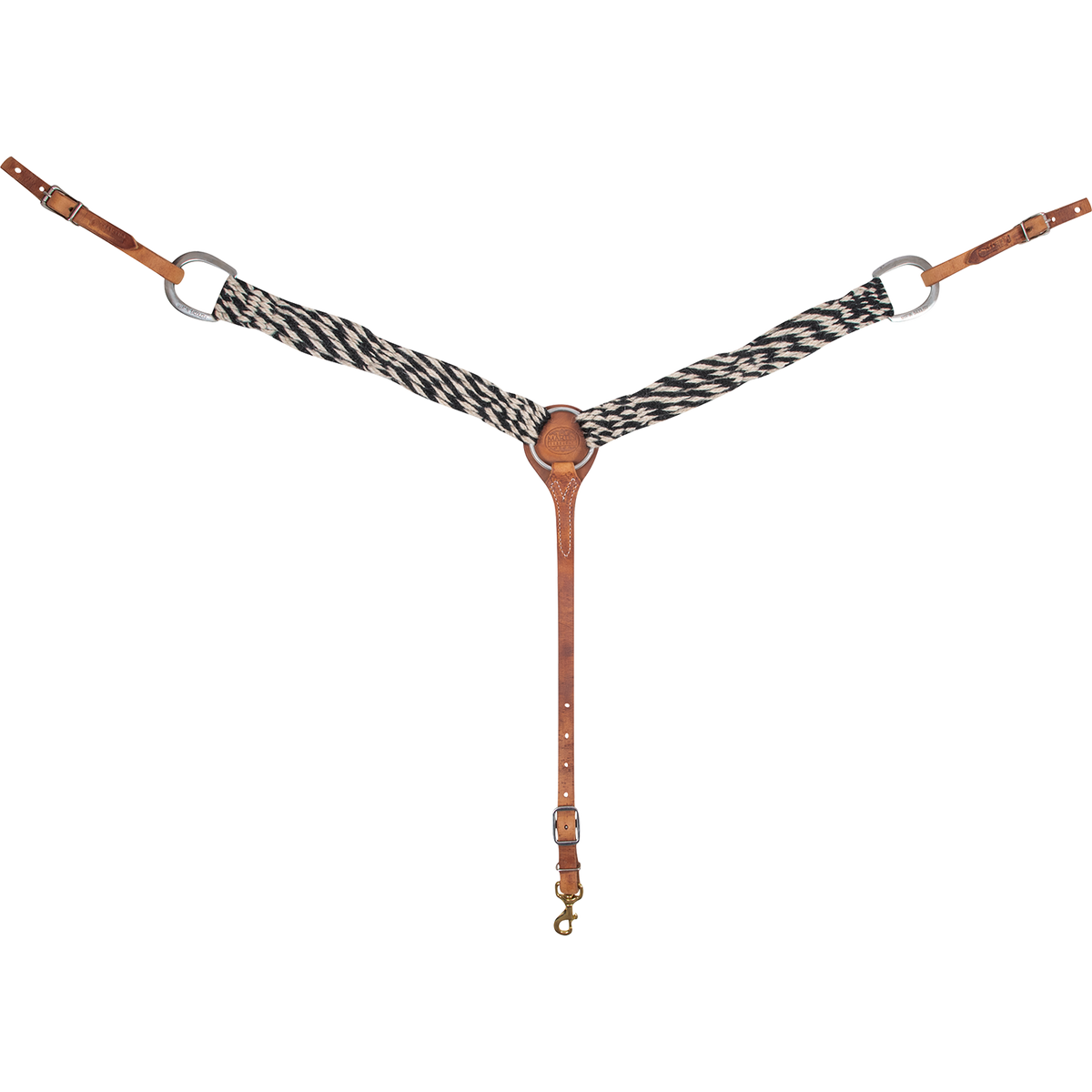 Black-natural mohair breastcollar seen from the front in full. Black and natural mohair strands form the 2-inch shoulder straps, which join tan leather at a center ring, with buckled tug straps at each side and a tie-down strap ending in a snap.