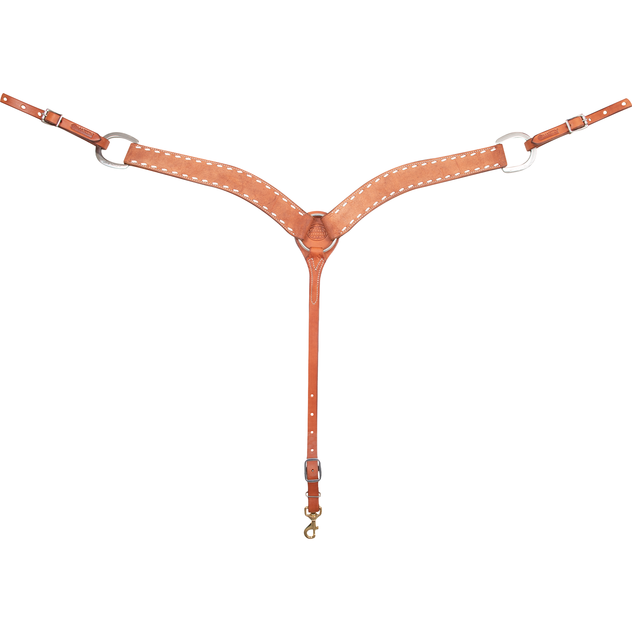 Chestnut roughout breastcollar with buckstitch, seen from the front in full. White buckstitch lines both edges of the 2-inch shoulder straps, which meet at a center ring above a tie-down strap with a snap.