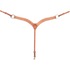 Chestnut roughout breastcollar with buckstitch, seen from the front in full. White buckstitch lines both edges of the 2-inch shoulder straps, which meet at a center ring above a tie-down strap with a snap.