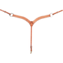 Chestnut roughout breastcollar with buckstitch, seen from the front in full. White buckstitch lines both edges of the 2-inch shoulder straps, which meet at a center ring above a tie-down strap with a snap.