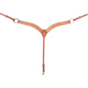 Chestnut roughout breastcollar with buckstitch, seen from the front in full. White buckstitch lines both edges of the 2-inch shoulder straps, which meet at a center ring above a tie-down strap with a snap.