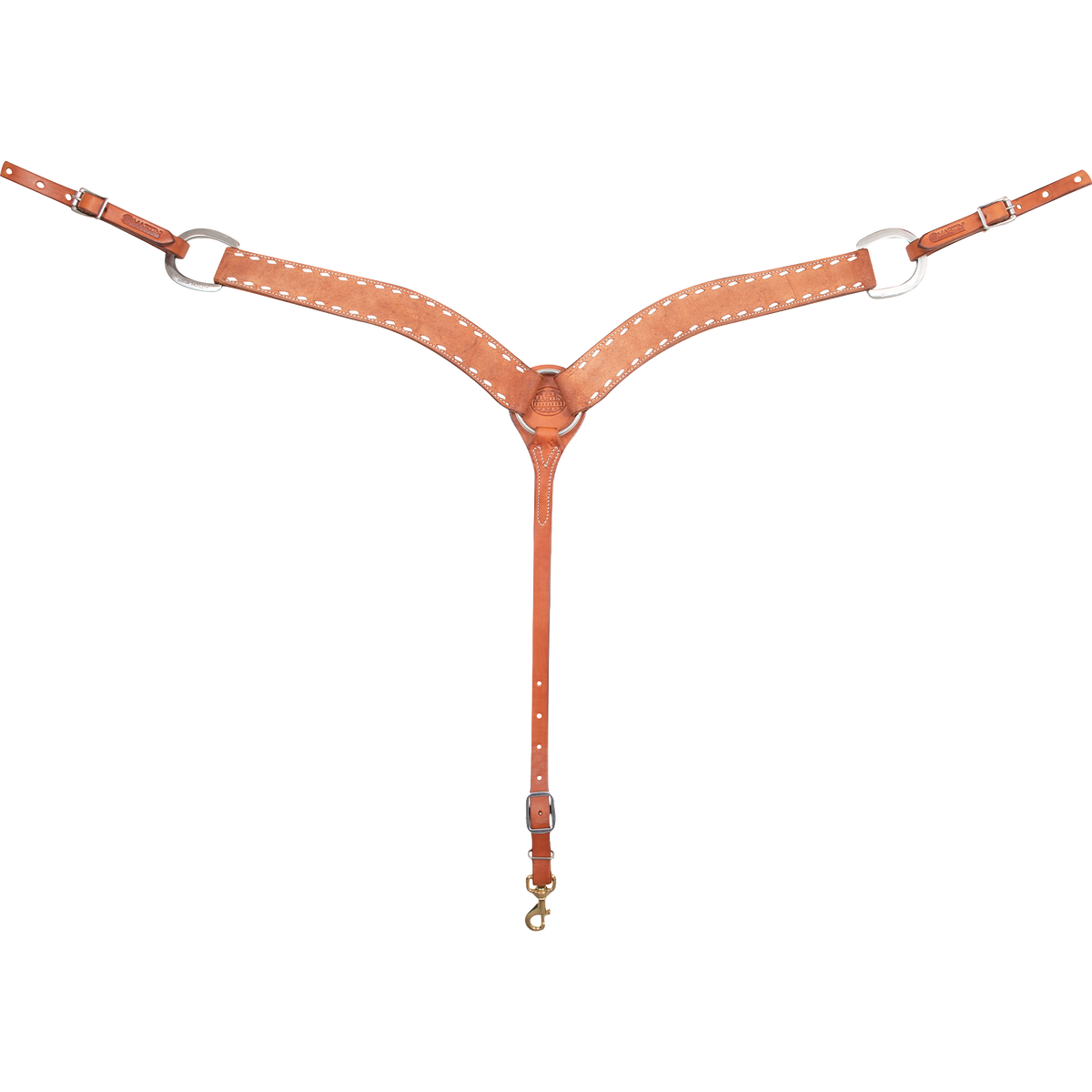 Chestnut roughout breastcollar with buckstitch, seen from the front in full. White buckstitch lines both edges of the 2-inch shoulder straps, which meet at a center ring above a tie-down strap with a snap.