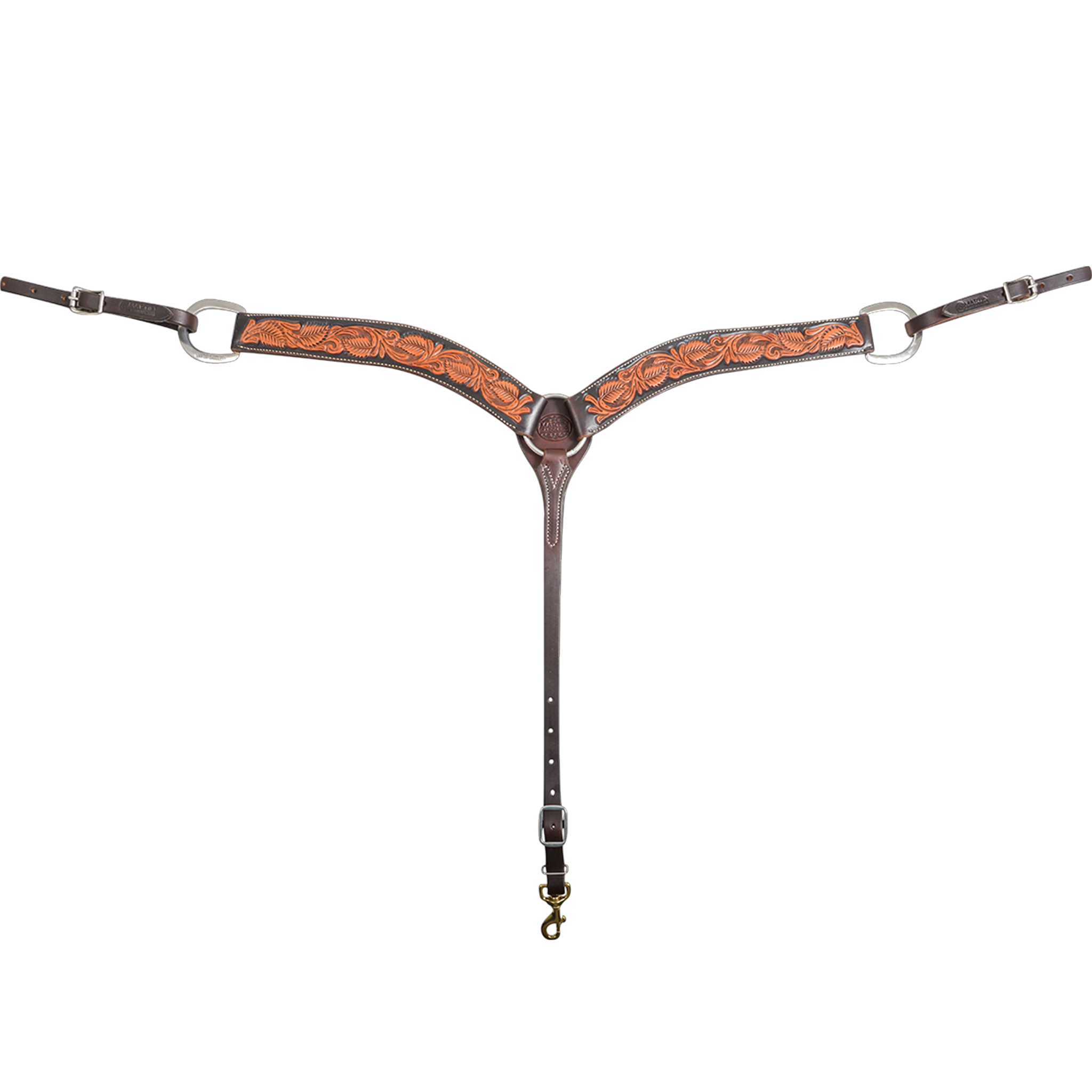 Natural skirting leather breastcollar with floral tooling, seen from the front in full. The 2-inch shoulder straps have dark dyed edges around the natural tooled center and meet at a center ring above a tie-down strap with a snap.