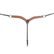 Natural skirting leather breastcollar with floral tooling, seen from the front in full. The 2-inch shoulder straps have dark dyed edges around the natural tooled center and meet at a center ring above a tie-down strap with a snap.