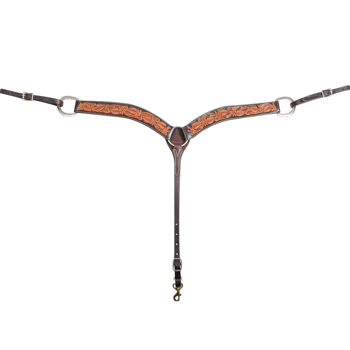 Natural skirting leather breastcollar with floral tooling, seen from the front in full. The 2-inch shoulder straps have dark dyed edges around the natural tooled center and meet at a center ring above a tie-down strap with a snap.