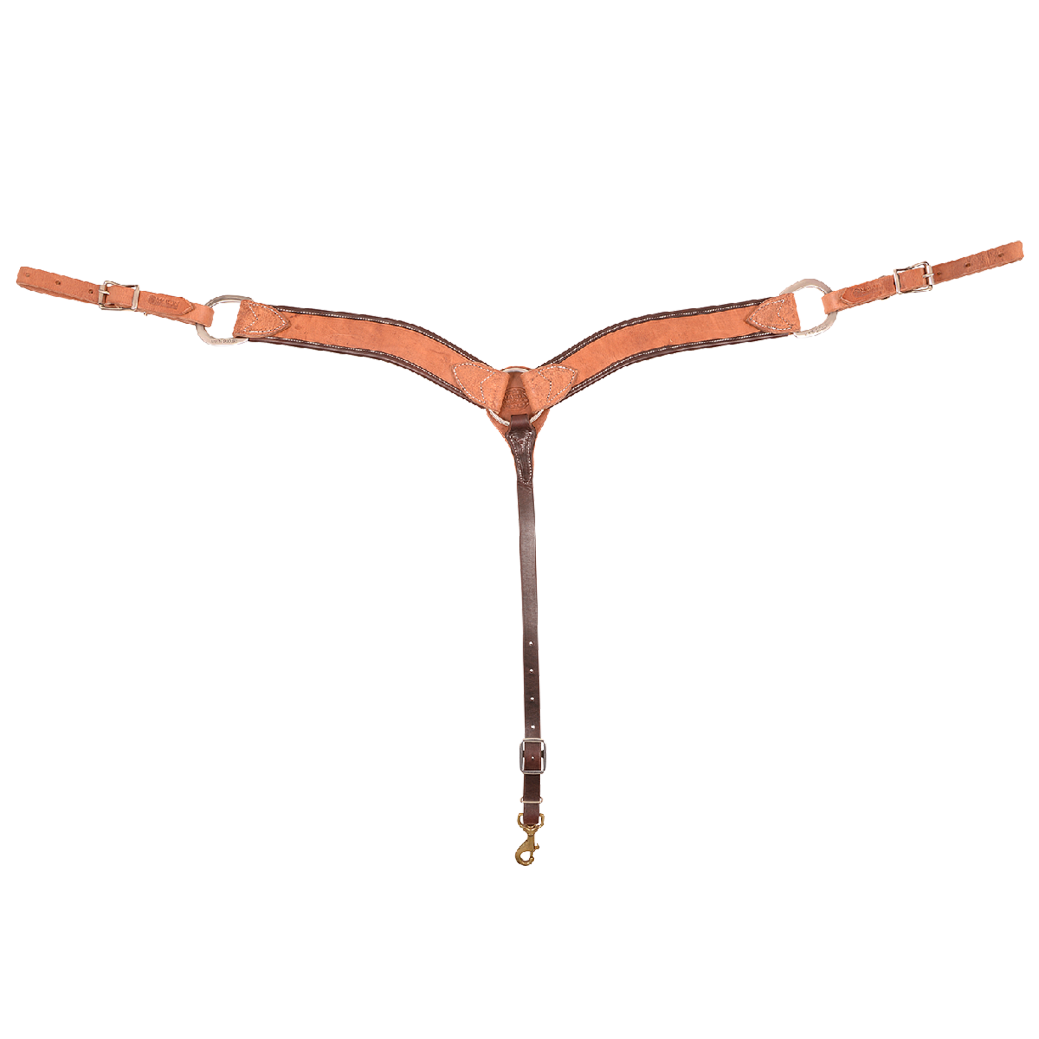Harness leather breastcollar with latigo wrap, seen from the front in full. The 2-inch shoulder straps have dark latigo edges and stitched tabs and meet at a center ring above a tie-down strap ending in a snap.