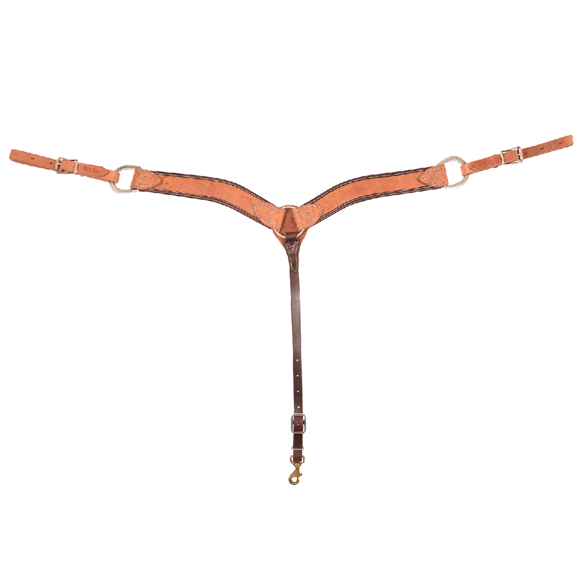 Harness leather breastcollar with latigo wrap, seen from the front in full. The 2-inch shoulder straps have dark latigo edges and stitched tabs and meet at a center ring above a tie-down strap ending in a snap.