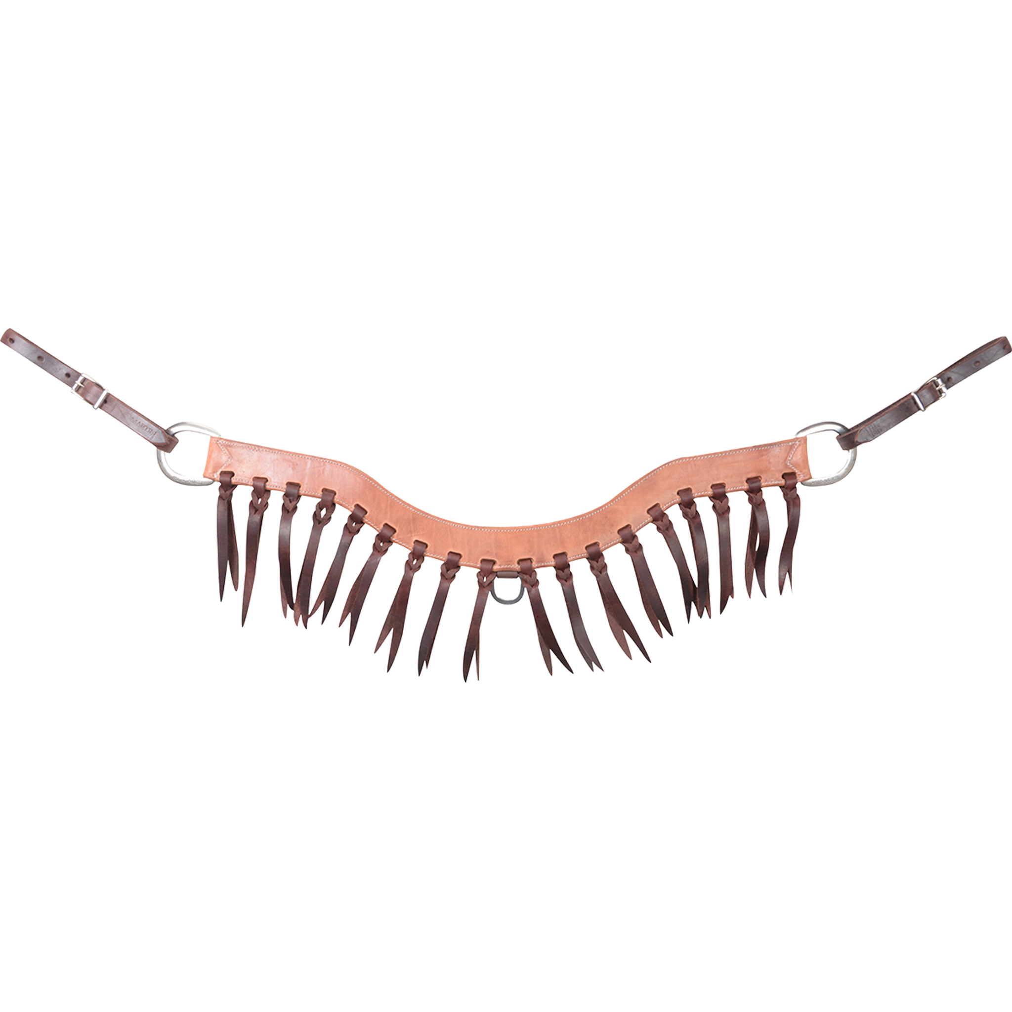Steer roper breastcollar with blood knots, seen from the front. Dark latigo strings hang in a fringe along the 2-inch harness leather strap, with a ring at each end and buckled tug straps.