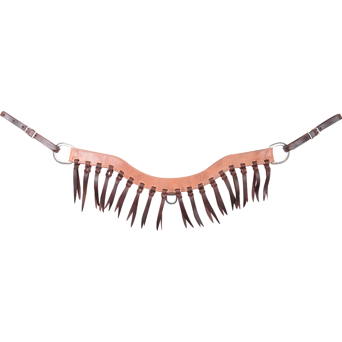 Steer roper breastcollar with blood knots, seen from the front. Dark latigo strings hang in a fringe along the 2-inch harness leather strap, with a ring at each end and buckled tug straps.