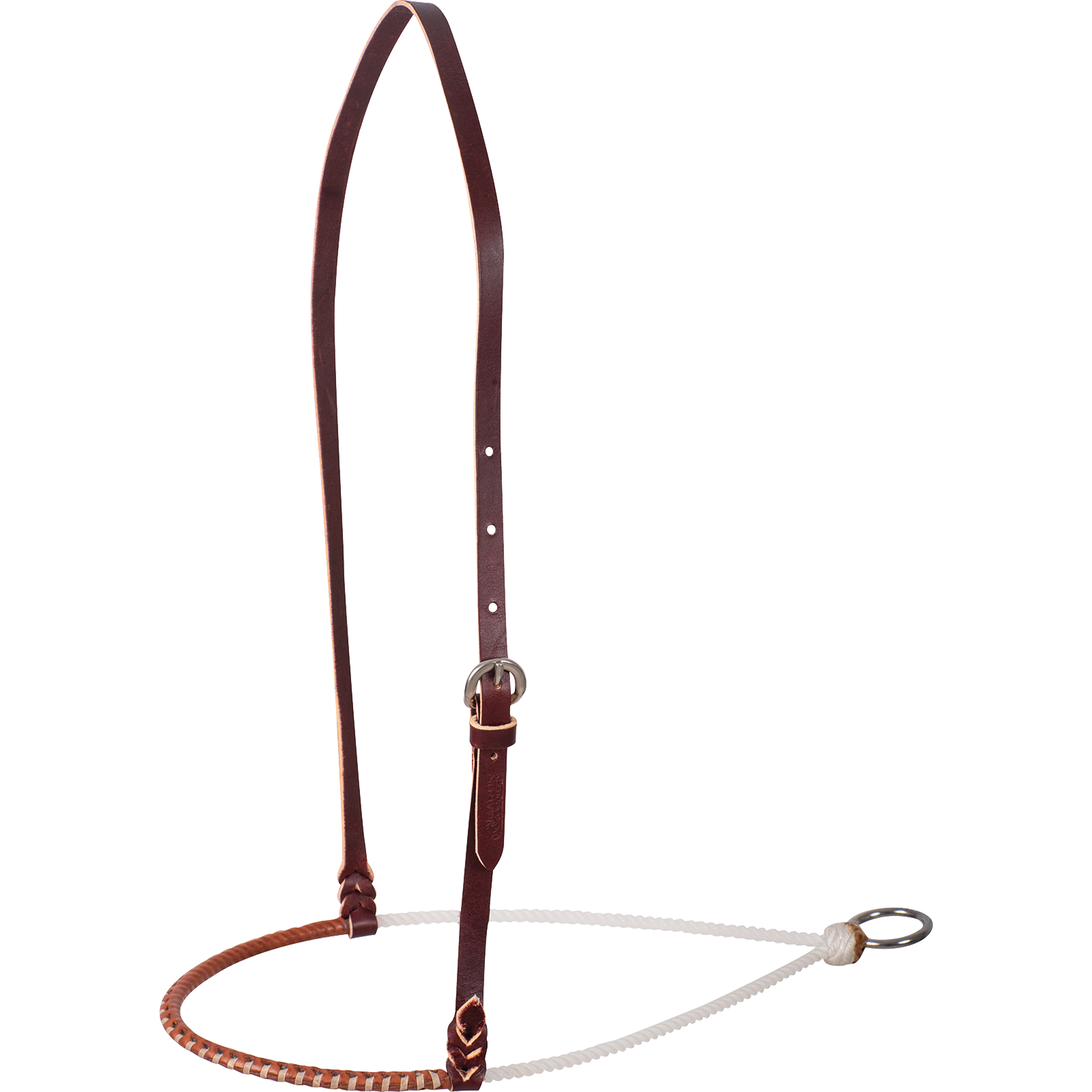 Single rope noseband with a harness leather cover, seen from the front quarter. Lacing wraps the leather cover over the 3/16-inch white rope, which hangs from an adjustable leather strap with a buckle.