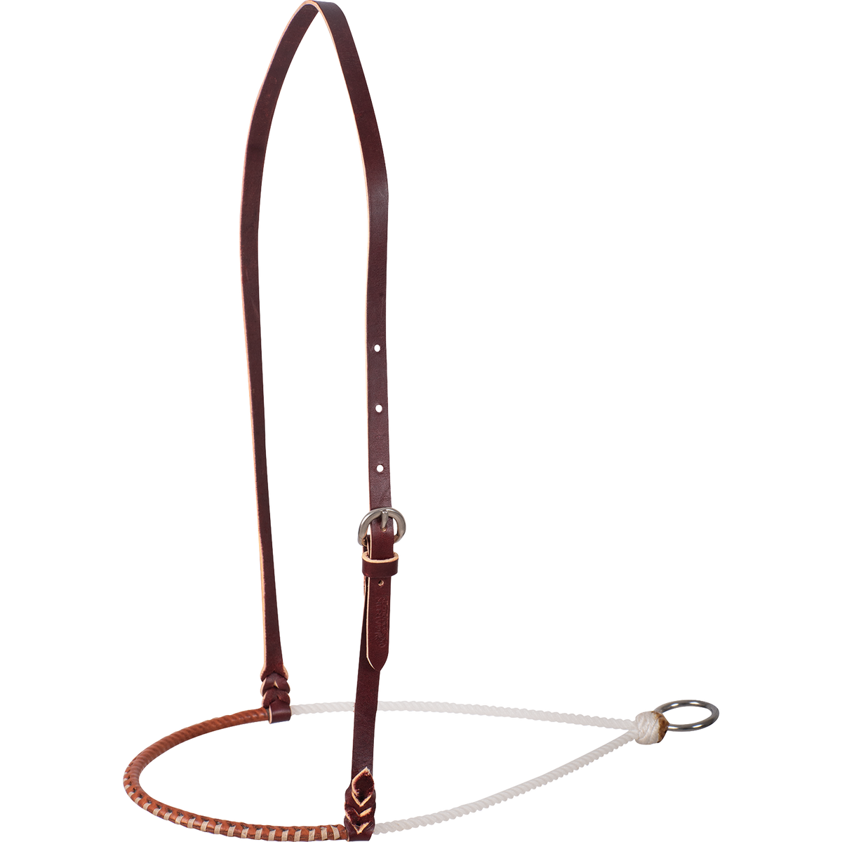 Single rope noseband with a harness leather cover, seen from the front quarter. Lacing wraps the leather cover over the 3/16-inch white rope, which hangs from an adjustable leather strap with a buckle.