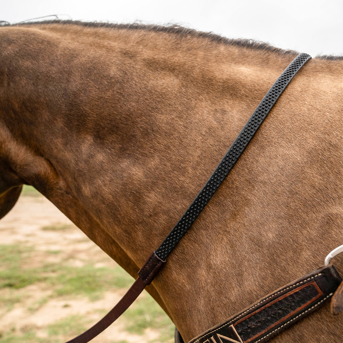 BioThane barrel rein lying across the neck of a buckskin horse, seen from the side. The black textured grip section joins a latigo leather end near the breastcollar.