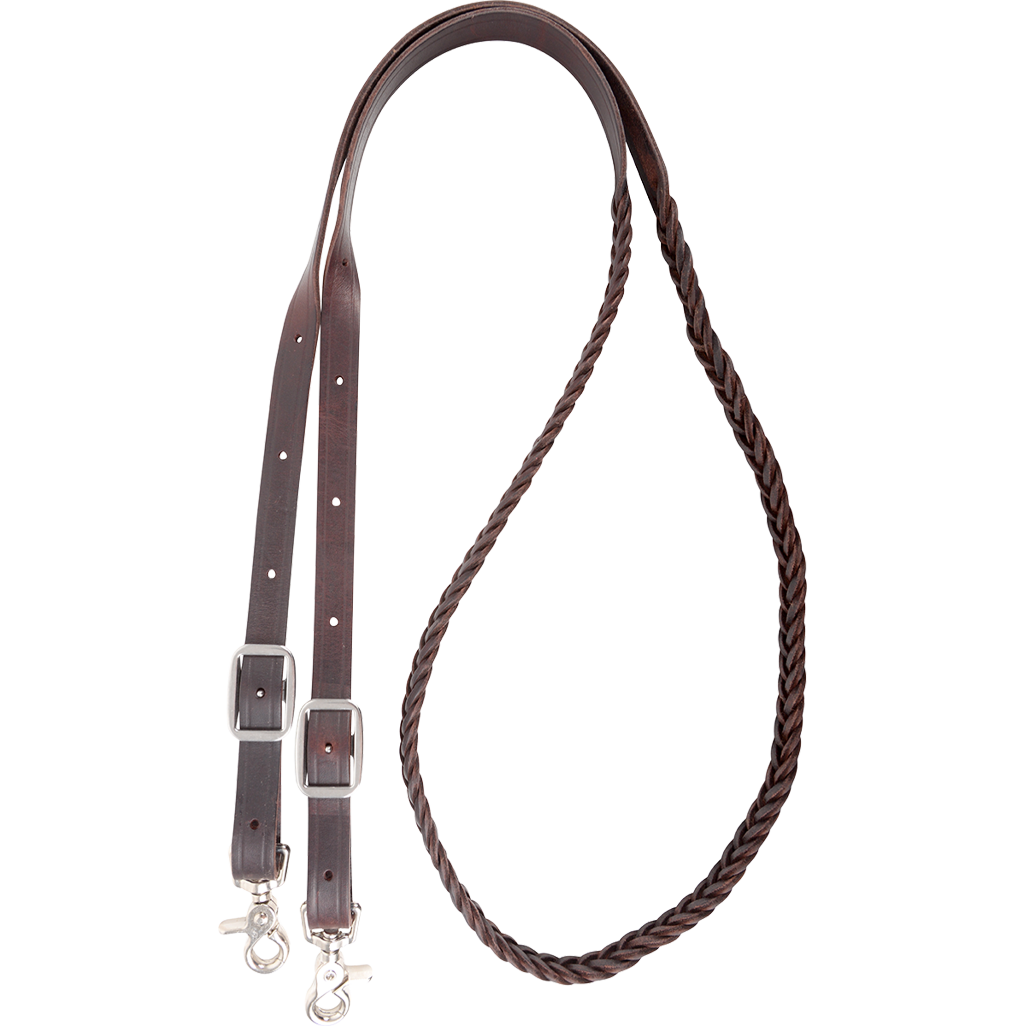 3/4-inch braided latigo roping rein, looped and seen from above. The chocolate 5 plait braid forms the hand section, and flat latigo ends carry buckles and snaps.
