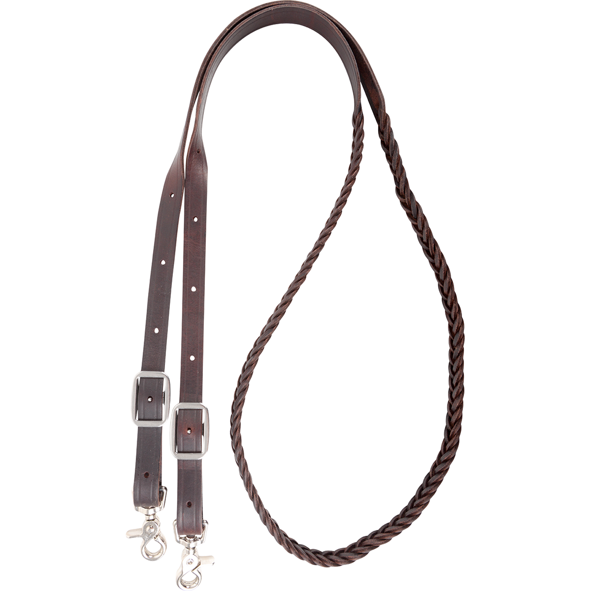 3/4-inch braided latigo roping rein, looped and seen from above. The chocolate 5 plait braid forms the hand section, and flat latigo ends carry buckles and snaps.