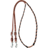Black latigo laced barrel rein, coiled and seen from above. The 5/8-inch harness leather rein is laced with black latigo through the grip section and ends in buckles with keeper snaps.
